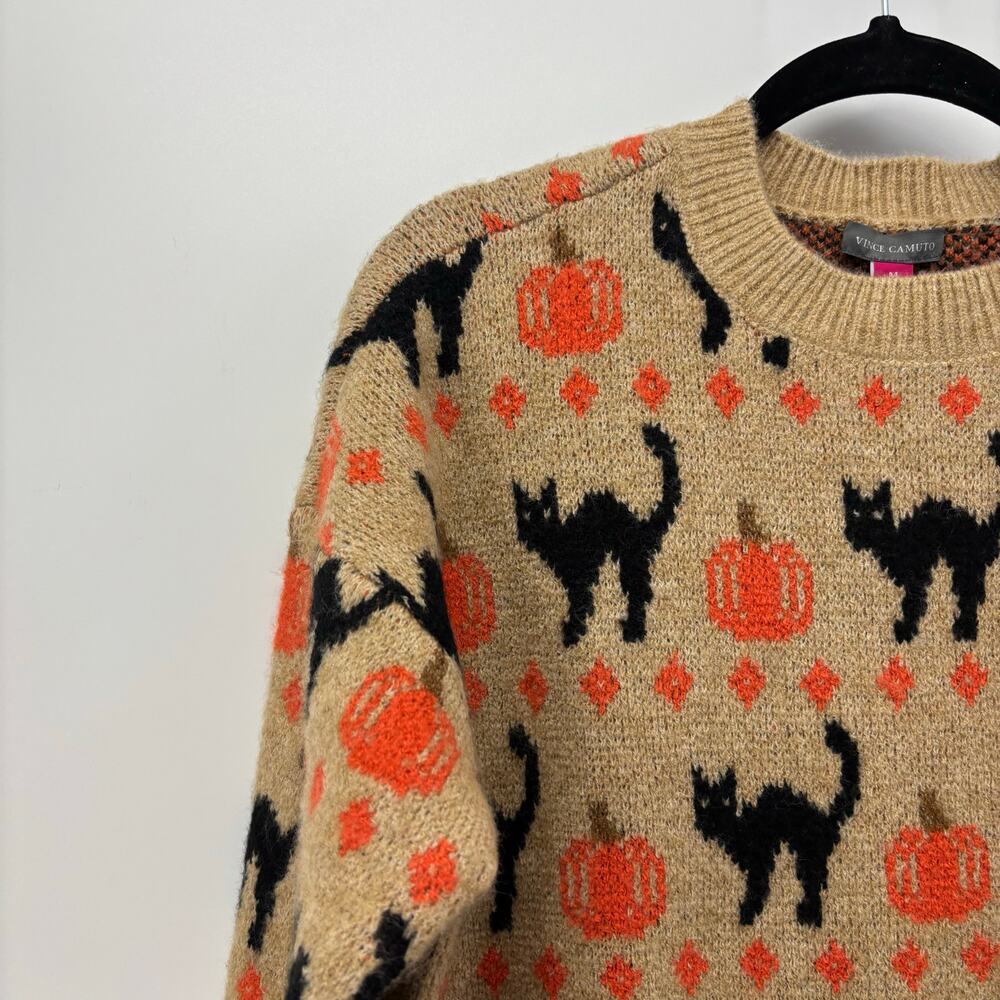 Vince Camuto Medium Womens Sweater Black Cat Pumpkin Halloween Crewneck Fall - Picture 5 of 13